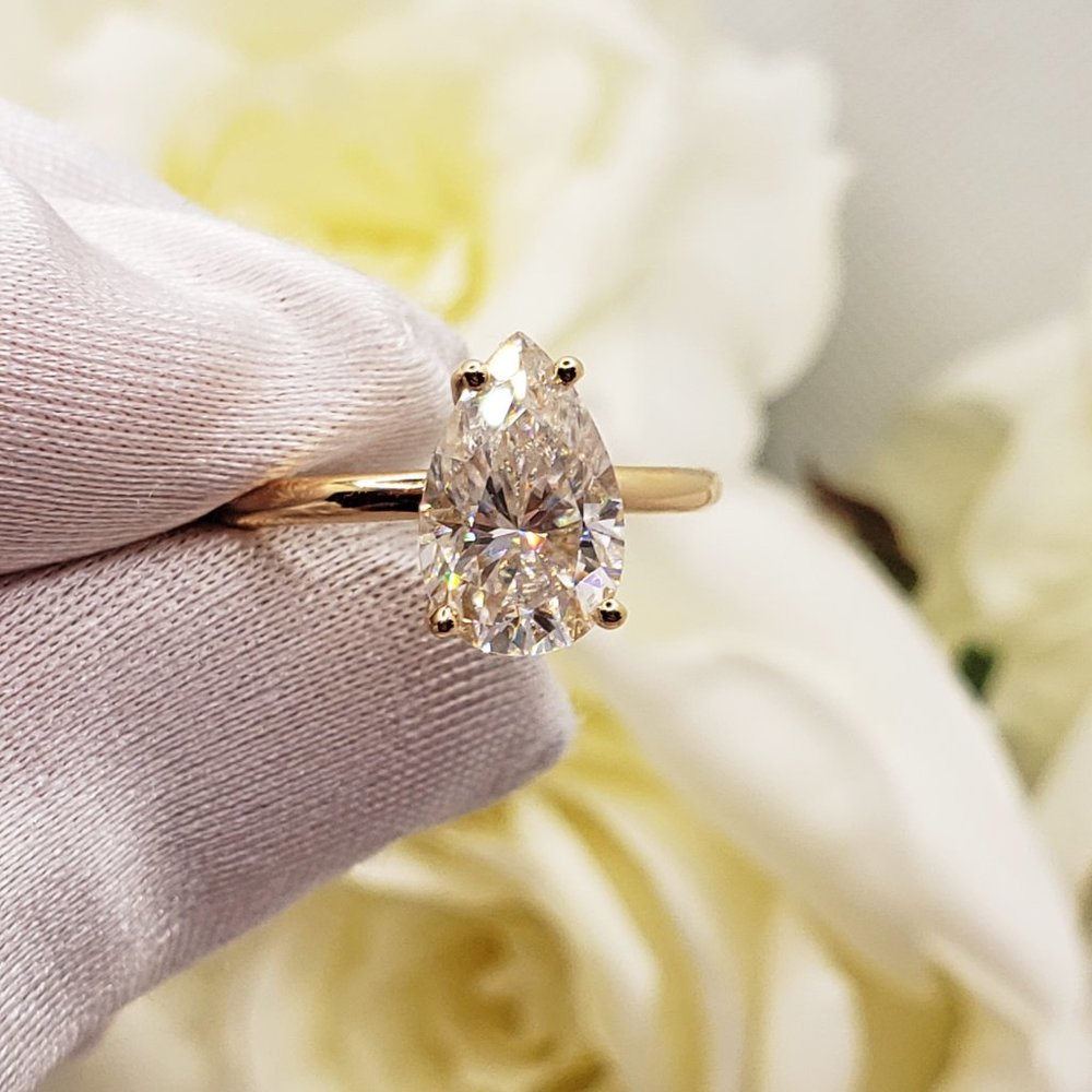 14K Yellow Gold 3 carats Pear Shaped Cut Moissanite Engagement Ring